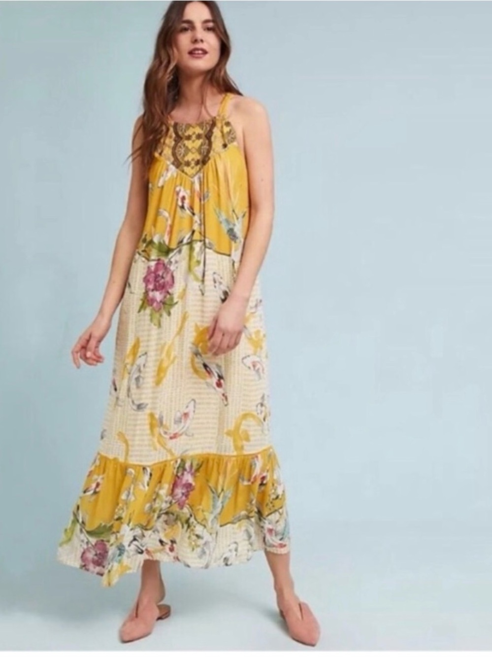 Anthropologie Yellow Floral Maxi Dress with Crochet Detail one September
